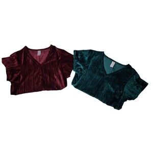 Lot of 2 Women's Crushed Velvet Tops Sz M Burgundy, Emerald Green Short Sleeve